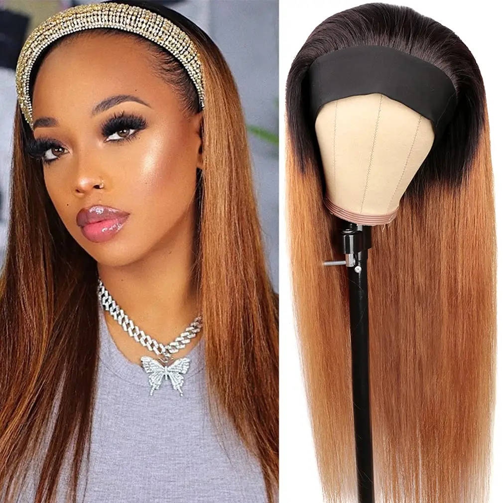 

Straight Ombre Headband Wig 100% Human Hair Wig for Women 1B 30 Ombre Ginger Brown Machine Made Full Wig Bobbi