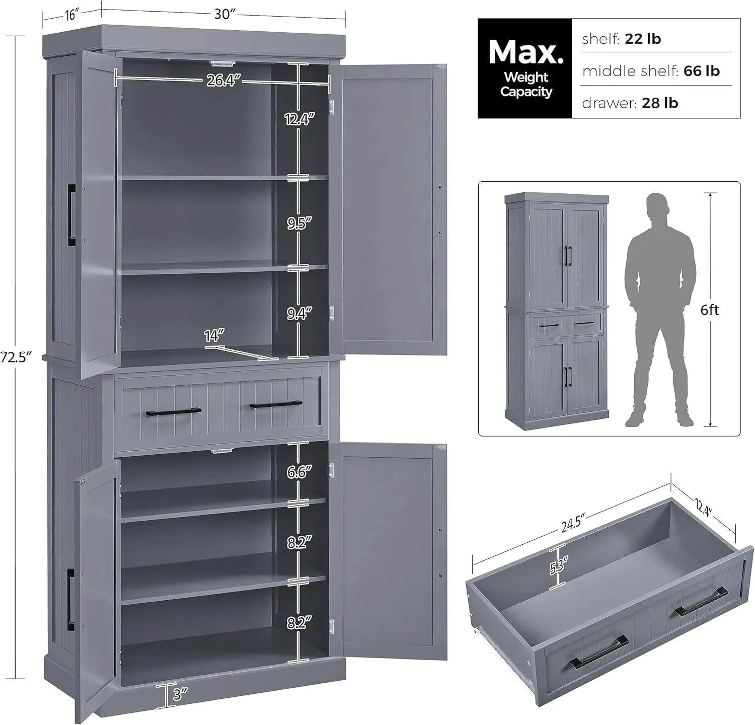 Kitchen Pantry Storage Cabinet with Drawer, Cupboard Pantry Cabinets with Adjustable Shelves and Barn Doors