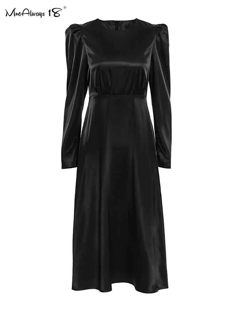 Mnealways18 Black Satin Elegant A-Line Dresses Women Puff Sleeves Pleated Long Dress Round Neck Office Ladies Slim Dress 2024