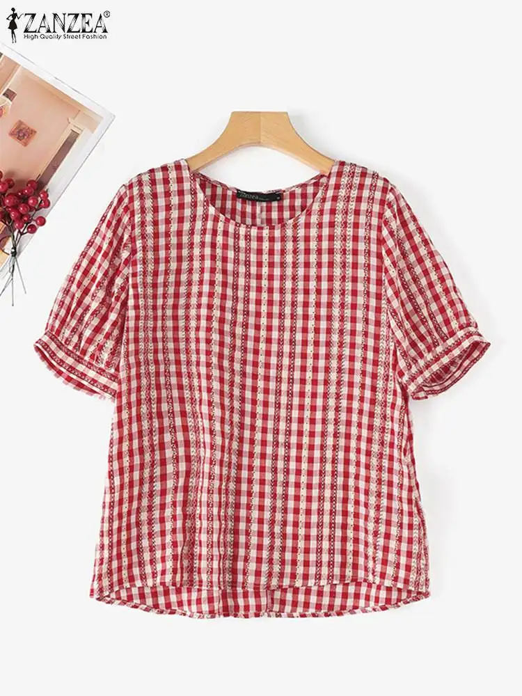 2024 ZANZEA Summer Plaid Checked Blouse Elegant Women Short Sleeve O Neck Tops Casual Shirt Female Elegant Work Blusas Chemise