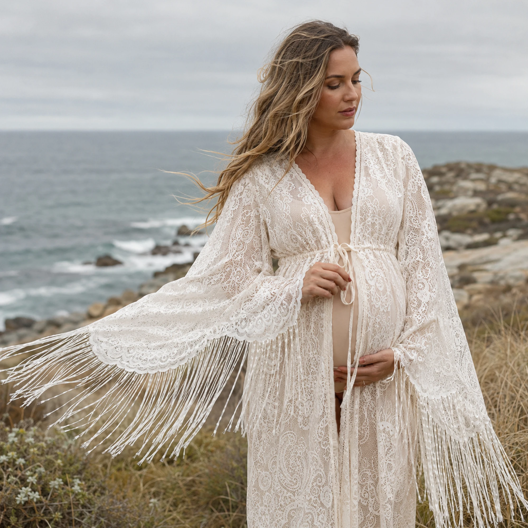 Don&Judy Lace Fringe Long Sleeve Open Front Gown with Flowy Train for Bridal Shower Photography and Elegant Evening Dress