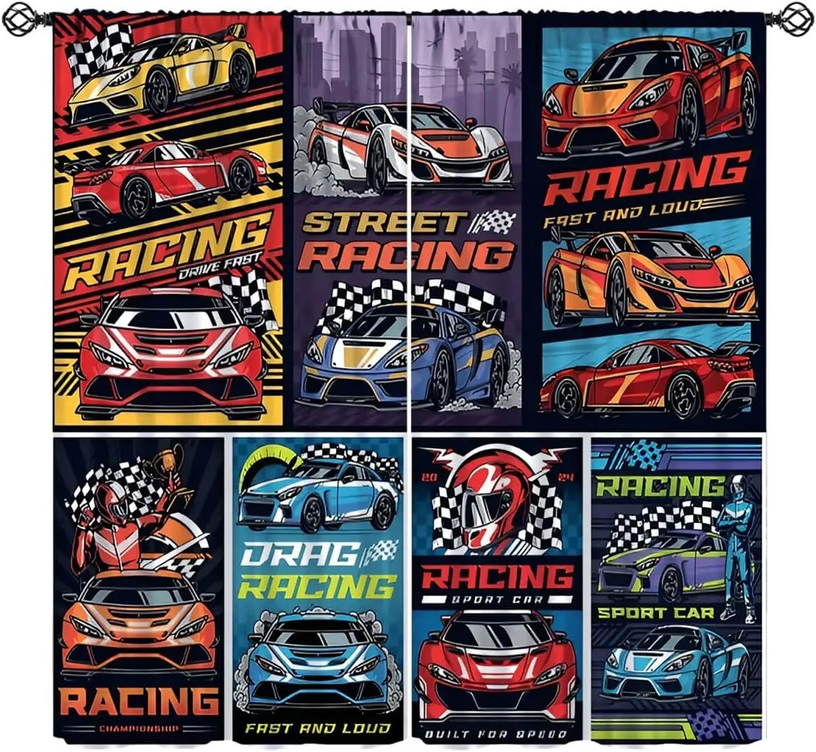 

Comic Style Racing Car Window Curtains,Sports Car Checkered Flag Print Drapes for Kids Boys Bedroom,Fast and Loud Race Car Theme