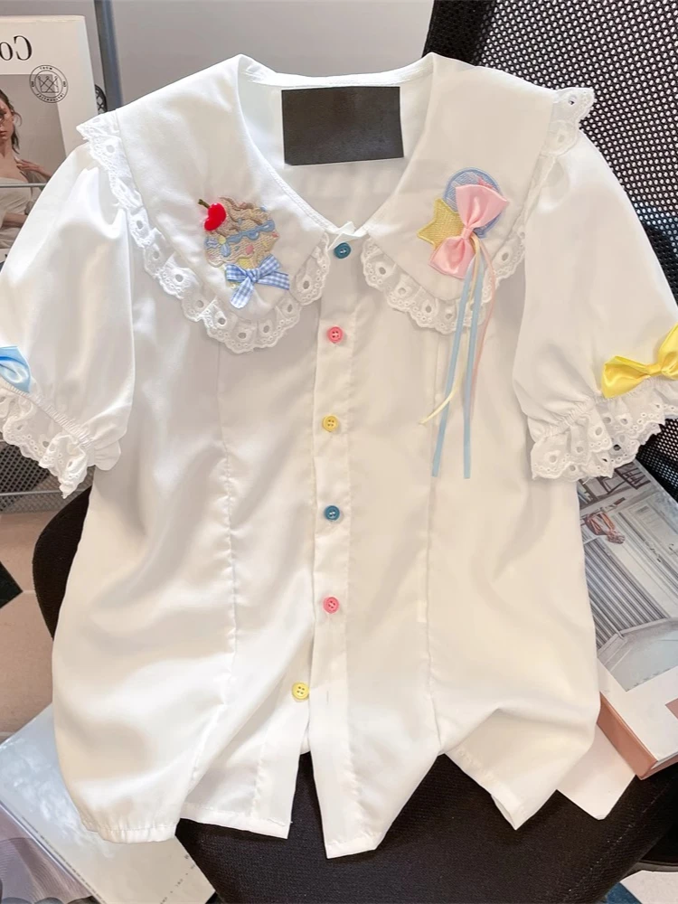 

Summer New Shirts Peter Pan Collar Puff Sleeve Blouses Embroidery Bow Lace Patchwork Tops Fashion Sweet Design Women's Clothing
