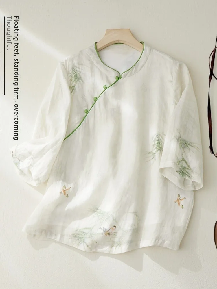 

New Chinese Sle Women's Printed Cotton Linen Bamboo irt Summer High End Artistic Tea Clothing National Sle Top