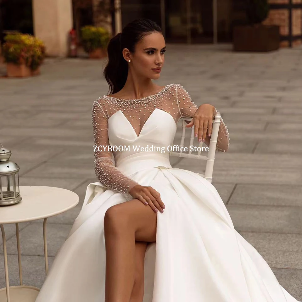 ประดับด้วยลูกปัดหรูหราแขนยาว A-Line ชุดแต่งงาน 2025 เซ็กซี่สูงด้านข้าง Scoop คอภาพลวงตากลับชุดเจ้าสาว ...