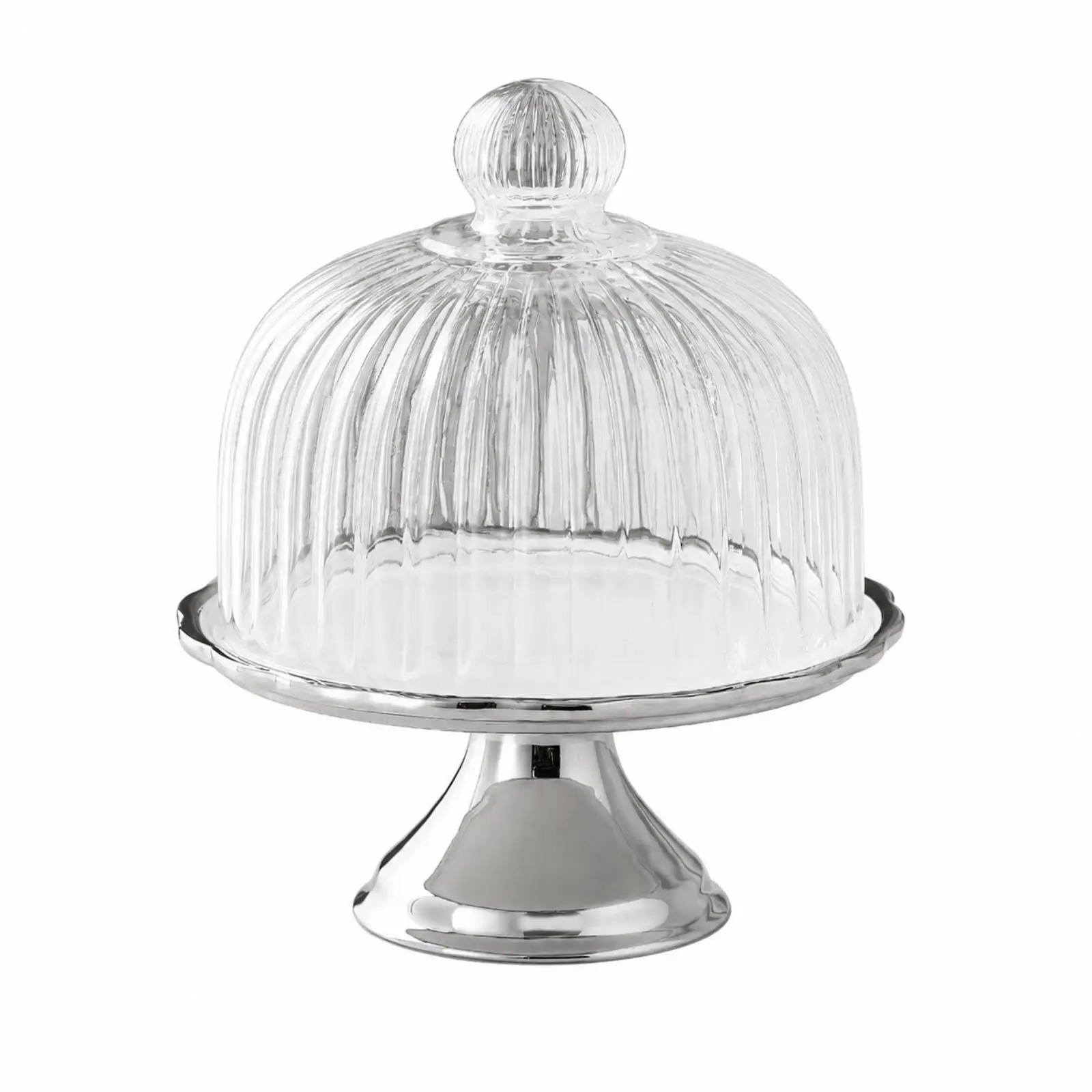 Ceramic Cake Display Tray with Raised Footed Base and Ribbed Glass Lid for Wedding Dessert Showcase