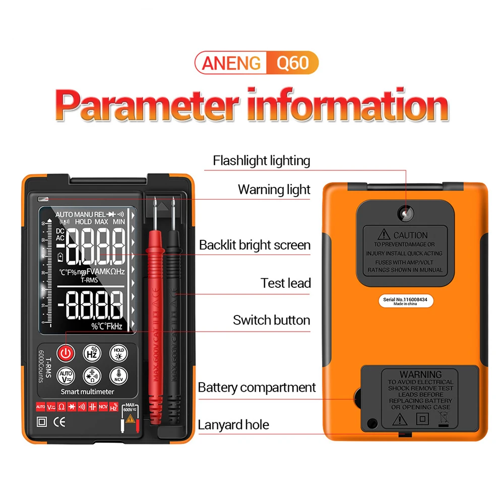 Q60 digital multimeter hochpräziser digitaler transistor tester 6000 zählt echte rms auto elektrische kapazität meter