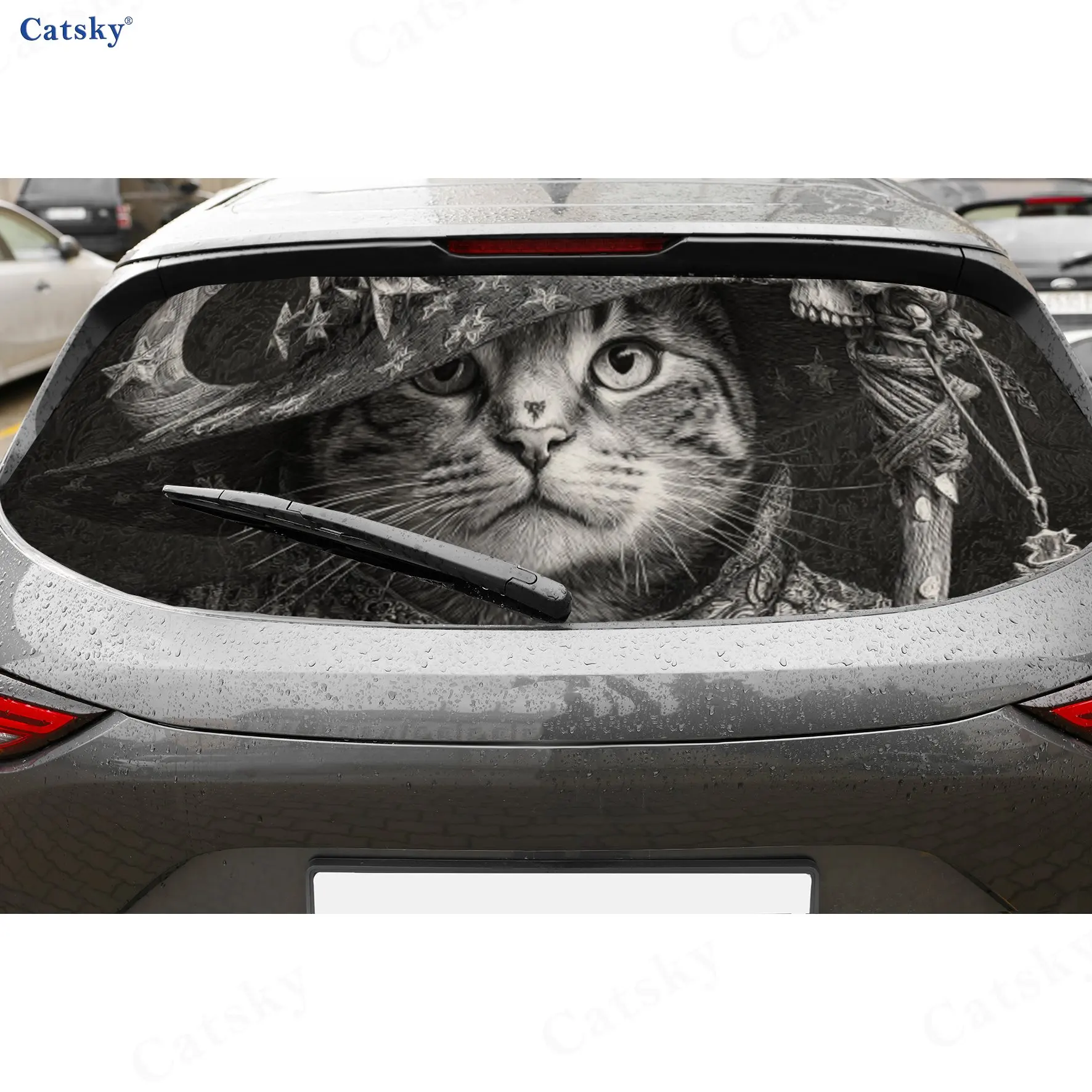 Magic Wand Cat Colorful Car Rear Window Sticker, Waterproof Self-adhesive Window Film, Vehicle Decoration, Graffiti Film, Gift f