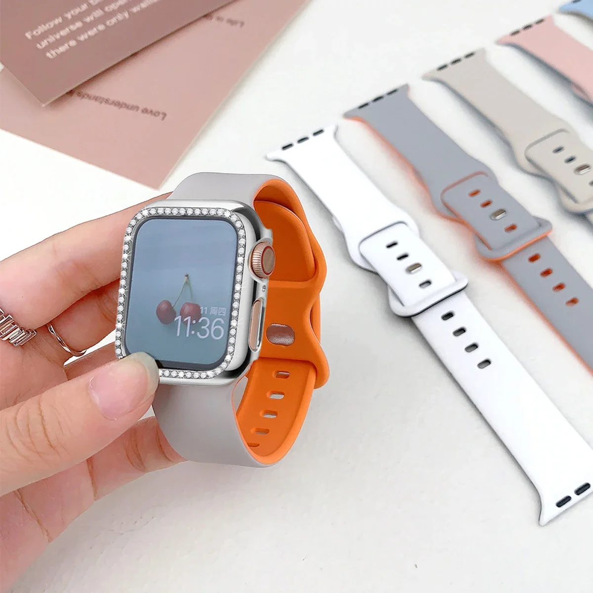Diamond Case+Silicone Strap for Apple Watch Band 49/45/44/42/41/41/38mm Soft Silicone for iWatch SE Series 9 8 7 6 5 4 3 2 Cover