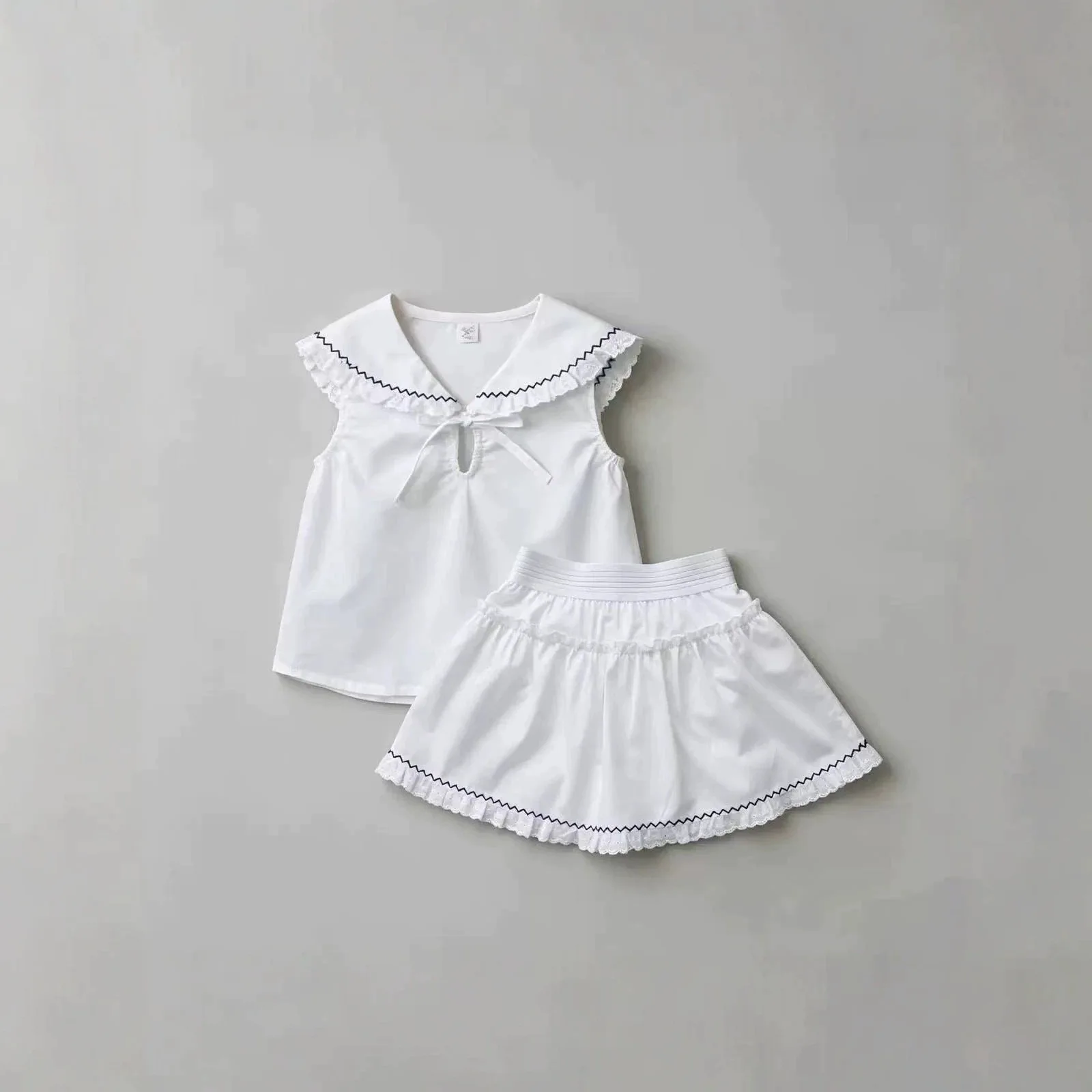Korean Version Ins Baby Girl Summer Sweet College Style Navy Collar Set Summer Children's Stylish Two-piece Set