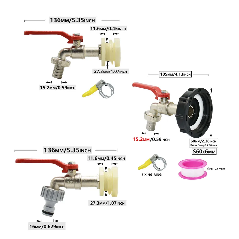 Adaptateur de Robinet IBC Précieux pour Tuyau d\'Arrosage de 15mm, Accessoire en Alliage Précieux de 1000 Litres, avec Filetage S60X6