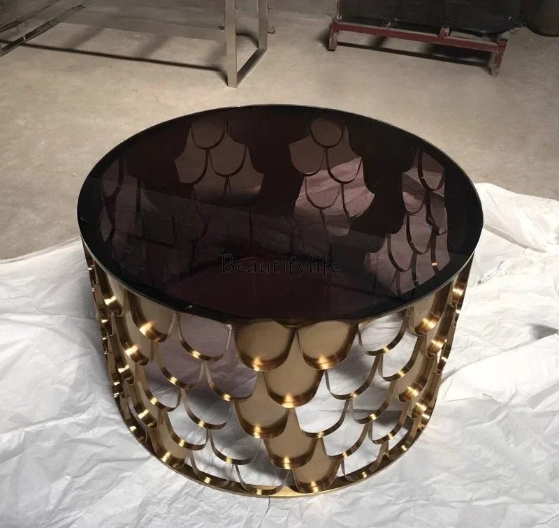 

LXLight luxury tempered glass round coffee table designer creative personality stainless steel fish scale sofa edge furniture