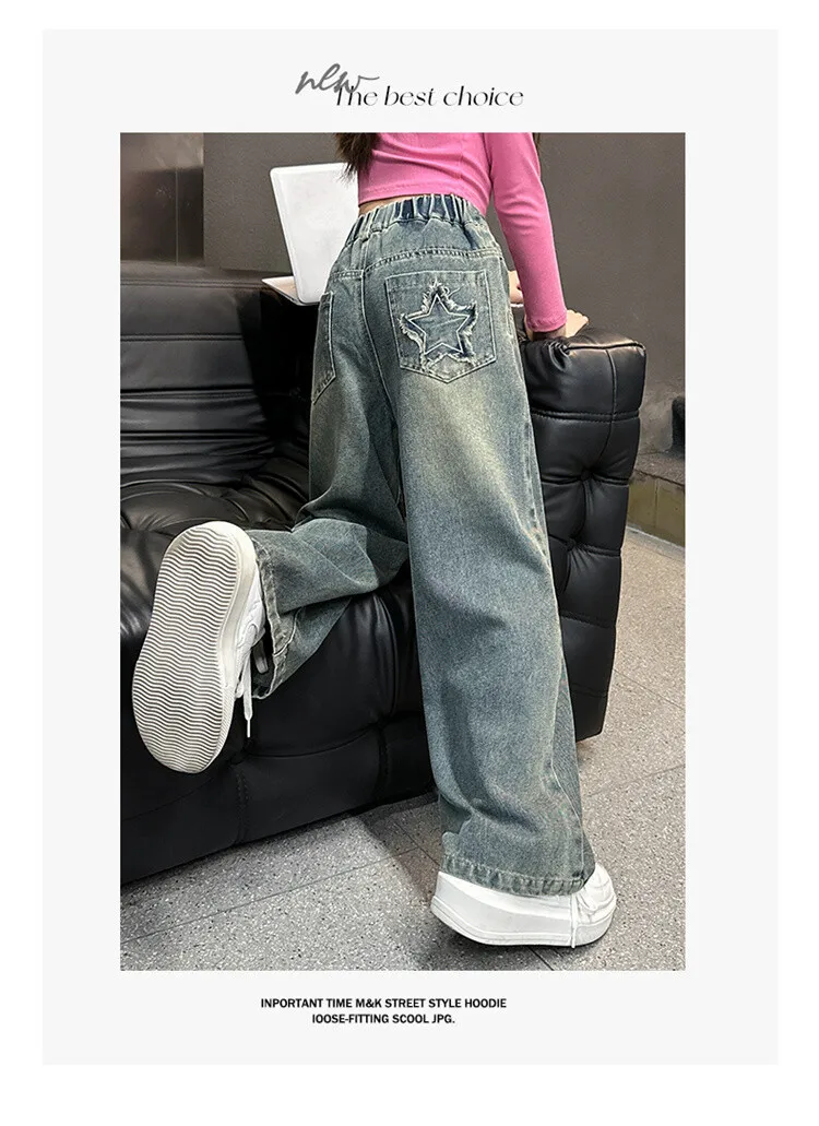5-14 Jahre Frühling Herbst Mädchen-Jeans, modische Retro- und Vintage-Hose mit fünfzackigem Sternmuster und Stickerei, weit geschnittene Hose für Teenager-Mädchen – Detail 19