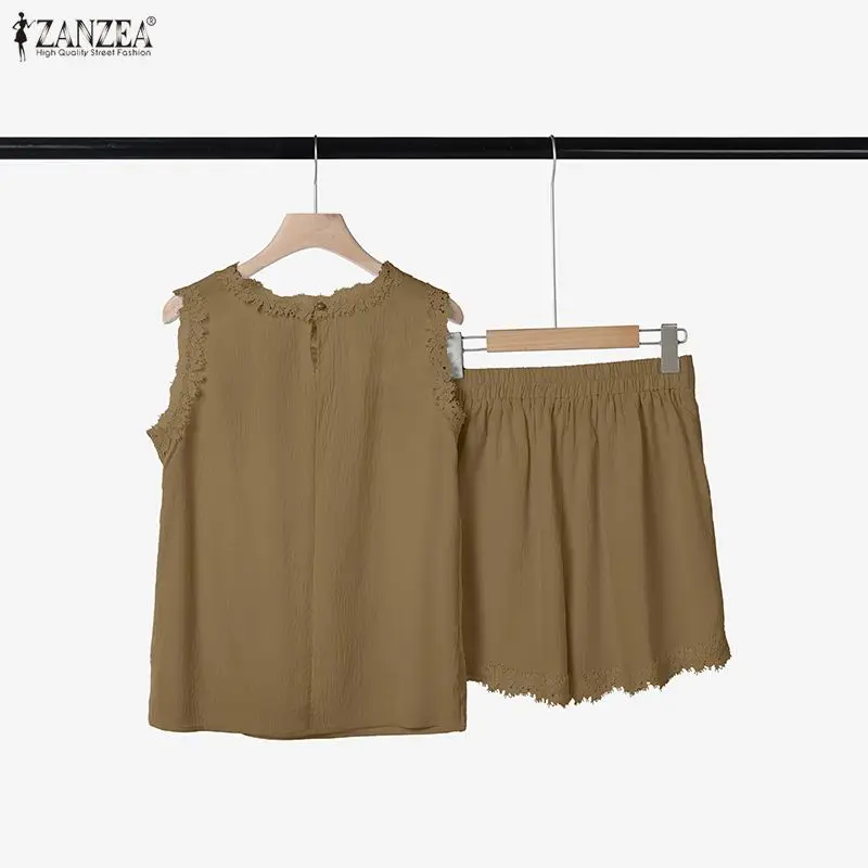 ZANZEA femmes été ensembles courts mode 2 pièces Vintage décontracté ample 2 pièces tenues 2026 sans manches dentelle débardeurs et Shorts ensembles