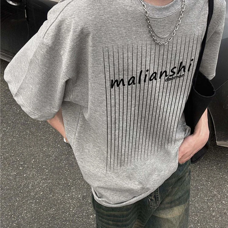 Summer Striped Letter Print Men O Neck Short Sleeve T Shirts Vintage Fashion Simple Harajuku Loose Tops Tee White Red Grey Daily