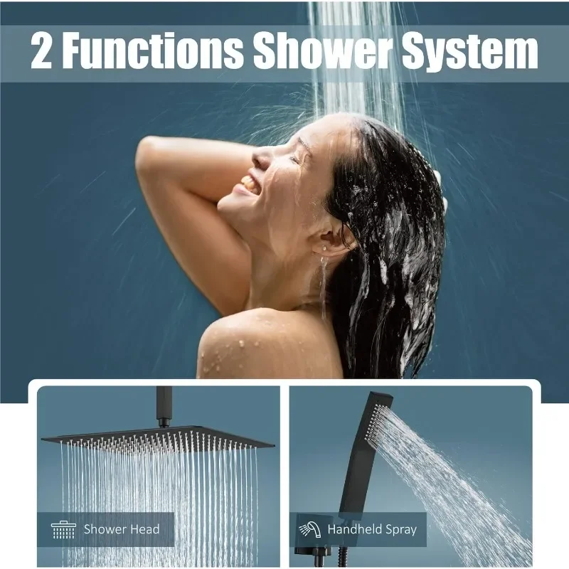 Aolemi Ceiling Mount Shower System, 16 Inch Rain Shower Head with Handheld Spray High Pressure Shower Faucet Set Rough-in Valve