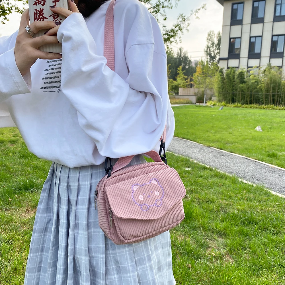 

Corduroy Crossbody Bag Vintage Cute Shoulder Handbag Embroidery Bear Japanese Flap Pocket Autumn Winter Purse for Student Girls