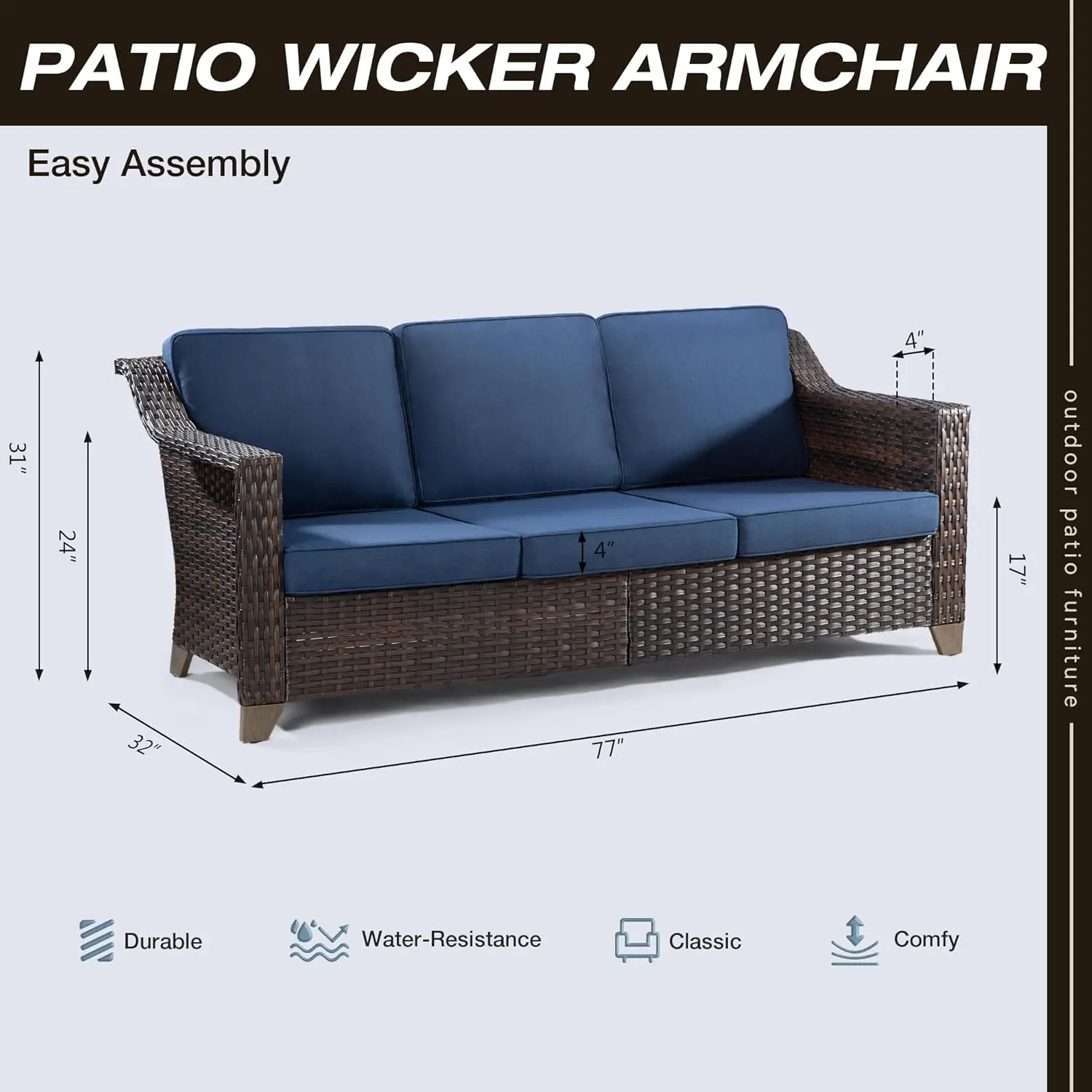 Patio Sofa, All Weather Outdoor Rattan Wicker 3-Seat Sofa High Back Couch with Premium Cushions for Garden Backyard Porch