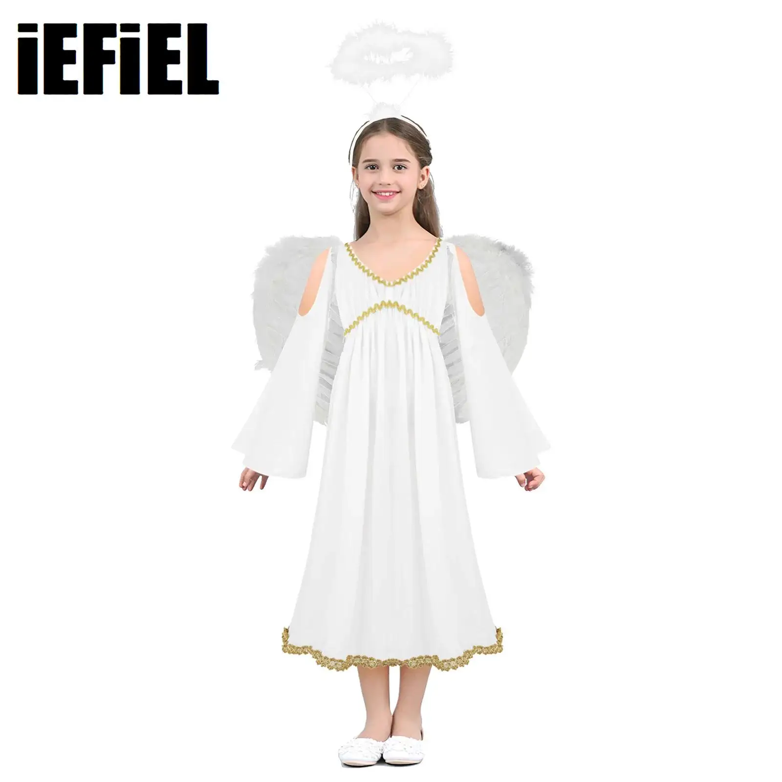 

Kids Girls Angel Role Play Dress Set with Angel Wings And Headband V-neckline Gold Trim Costume for Halloween Cosplay