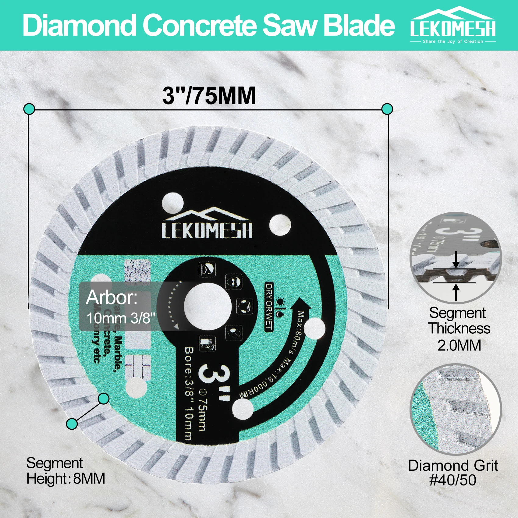 LEKOMESH 1pc 3inches Dia75mm Diamond Turbo Saw Blade  Concrete Granite Masonry Marble Cutting Disc Bore10mm Stone Cutter