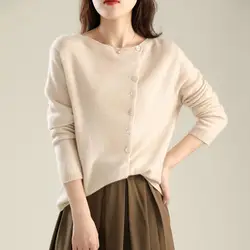 Knitting Cardigan Women Long Sleeve Round Neck Casual Knit Blouse Solid Color Single-Breasted Fitted Stretchy Tee Knit Sweater