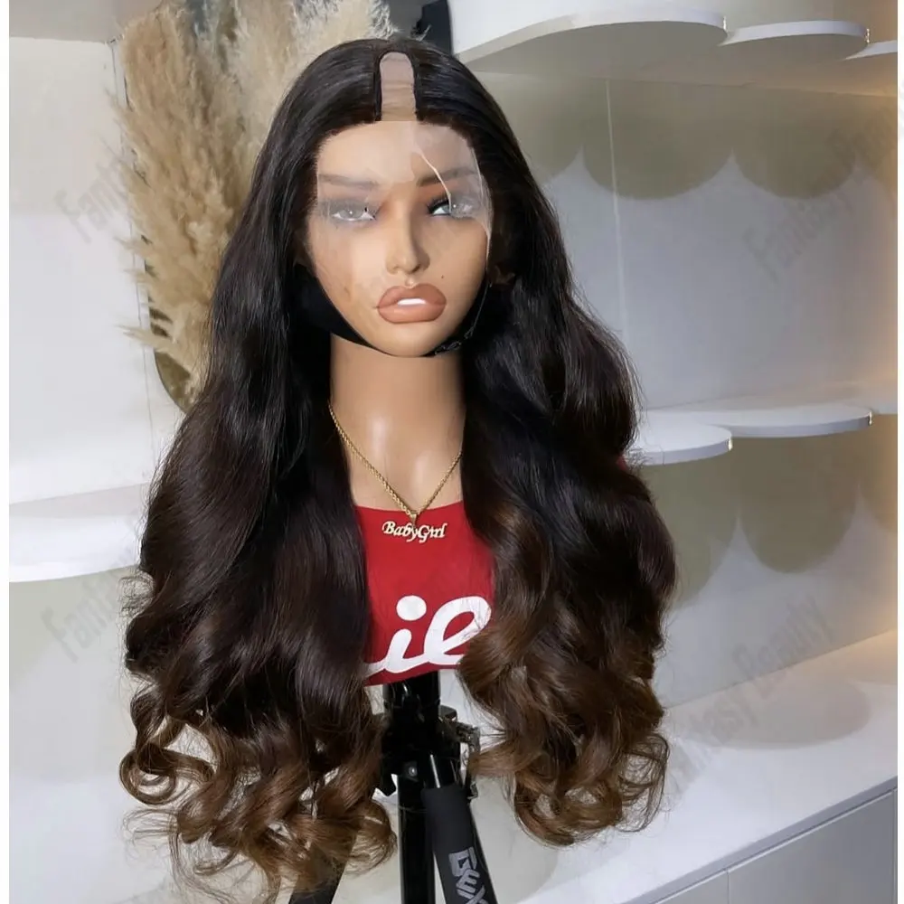 

1x4Size Opening U Part Wig Natural Human Hair for Black Women Ash Brown Ombre Body Wave Adjustable Glueless V Part Wig Easy Wear