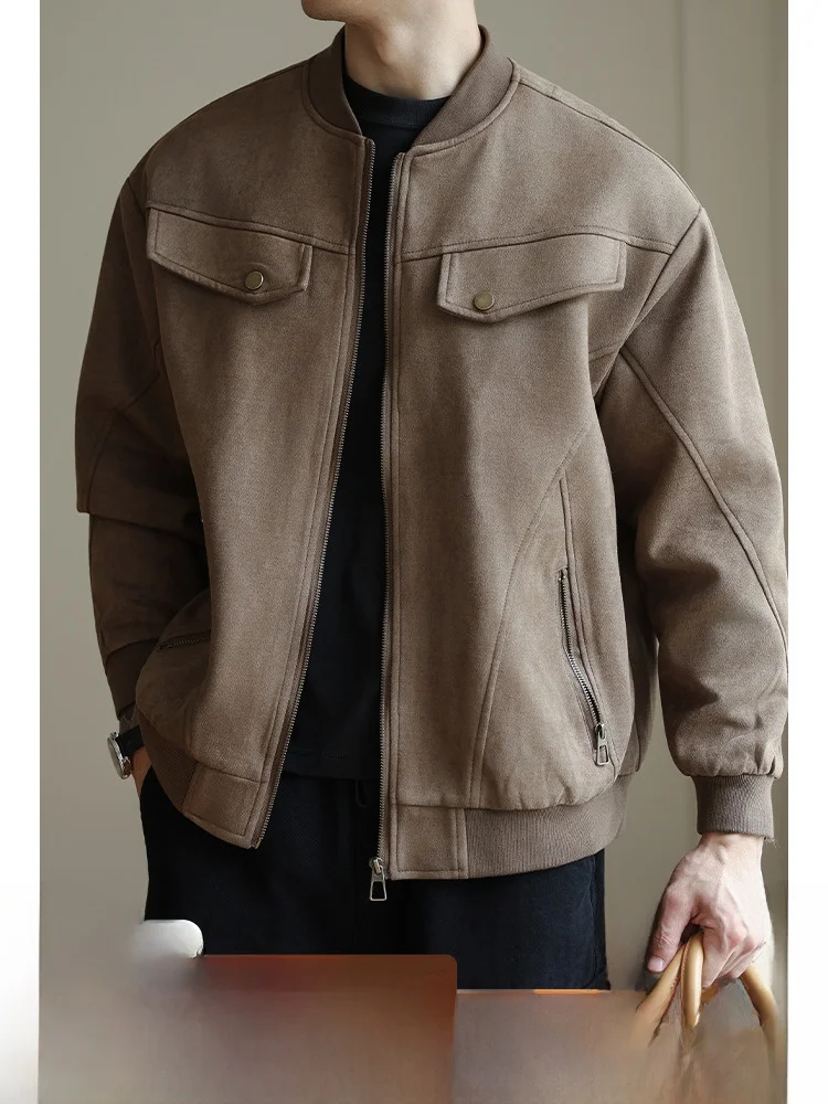 

Классический тканый замшевый бейсбольный воротник, мужской повседневный весенне-осенний топ на молнии, свободный крой в стиле ретро, полиэфирное волокно