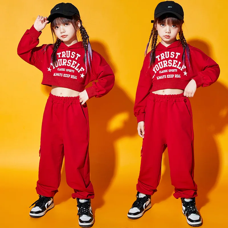 Kid Kpop Hip Hop Clothing Red Letters Crop Hoodie Sweatshirt Casual Sweat Jooger Pants for Girl Boy Jazz Dance Costume Clothes