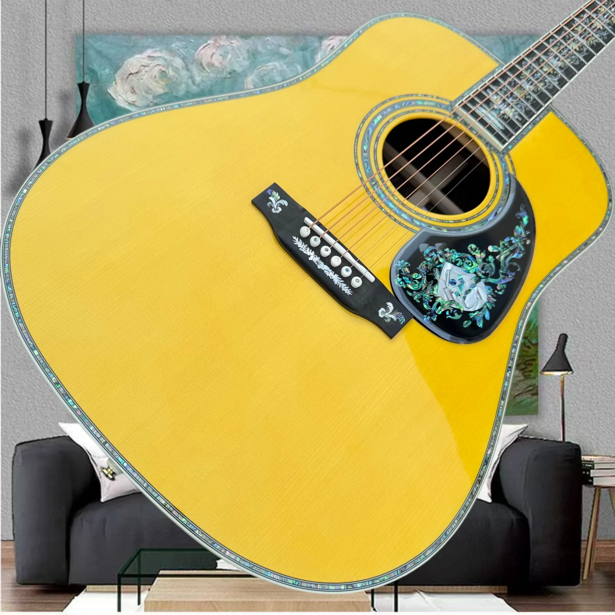 D Type 100 Vintage Yellow Spruce Top Dreadnought Acoustic Guitar With Abalone Inlay For Folk & Fingerstyle Free Delivery
