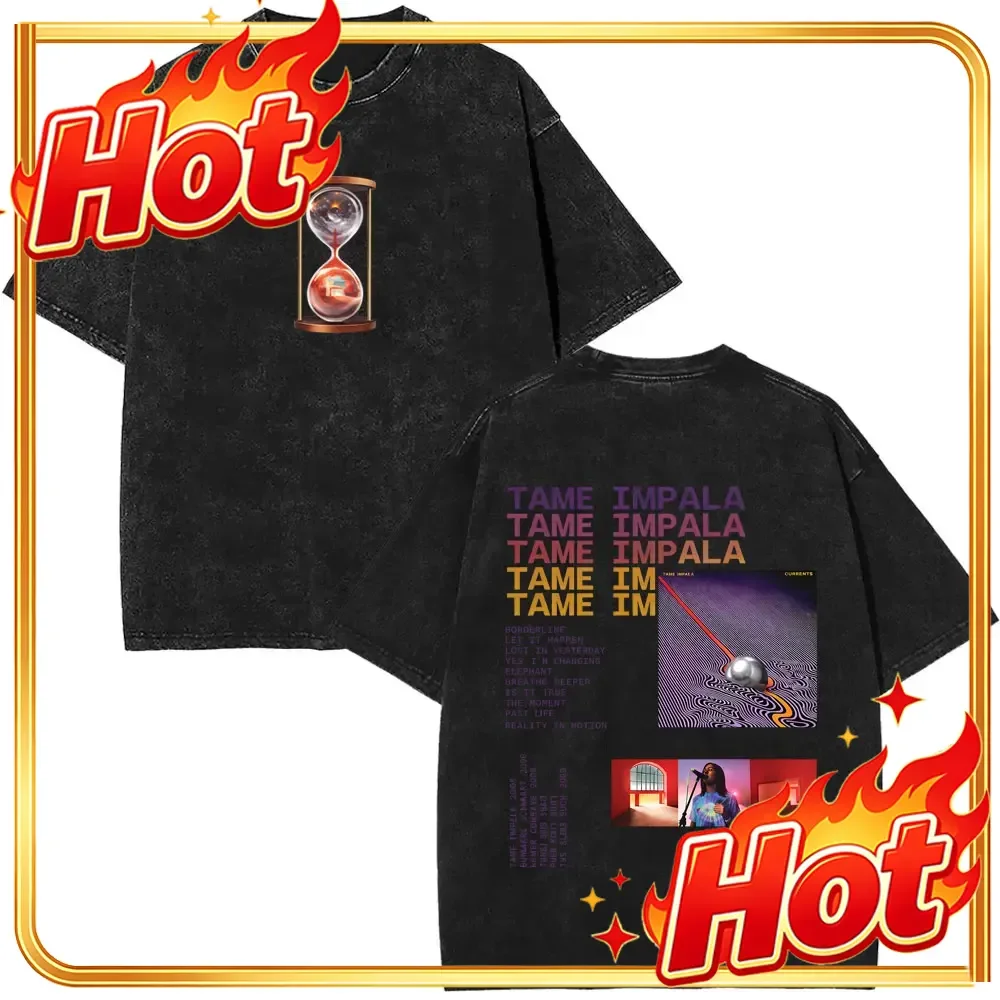 Washed Vintage Pop Rock Band Tame Impala Currents Graphic Print T Shirt Men's Women Casual Cotton Oversized Short Sleeve T-shirt