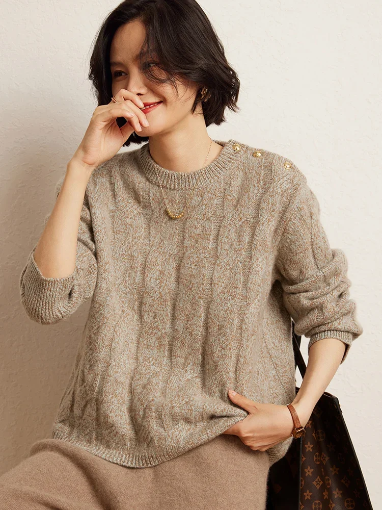 Vintage Women Clothing Autumn Winter Pullover O-Neck 100% Cashmere Sweater Knit Casual Fashion Flower Gauze Side Shoulder Buckle