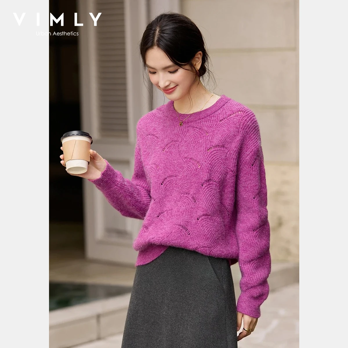 

VIMLY Knit Sweater Pullovers Women's 2025 Autumn Hollow Out O-Neck Long Sleeves Jumpers Slouchy Loose Fit Lady Knitwear 75279