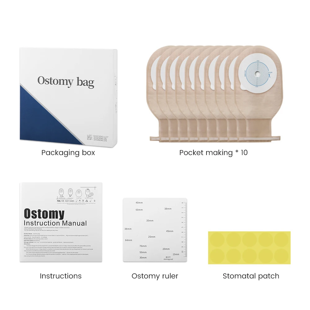 10pcs/lot One-piece System Drainable Colostomy Bags Ostomy Pouch for Stoma Care 65mm to Prevent Leakage with Clip Closure