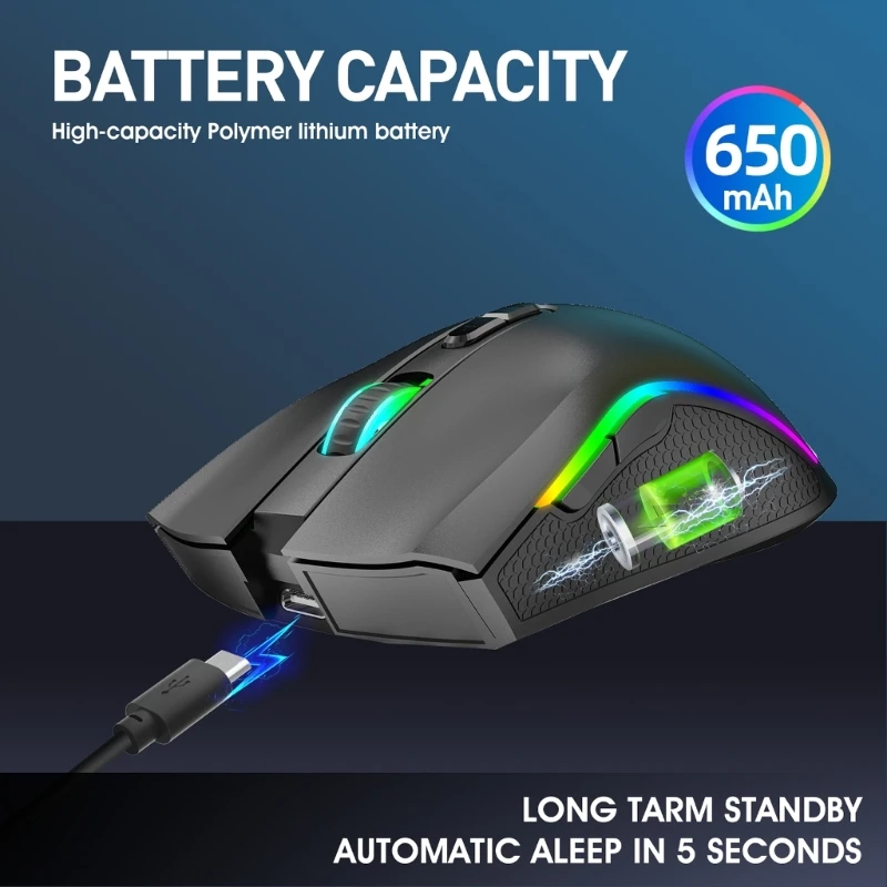 HXSJ T69 2.4G Wireless Mechanical Mouse RGB Gaming Mouse Ergonomic 7 Programmable Buttons 4800DPI Mouse for Office Gamer