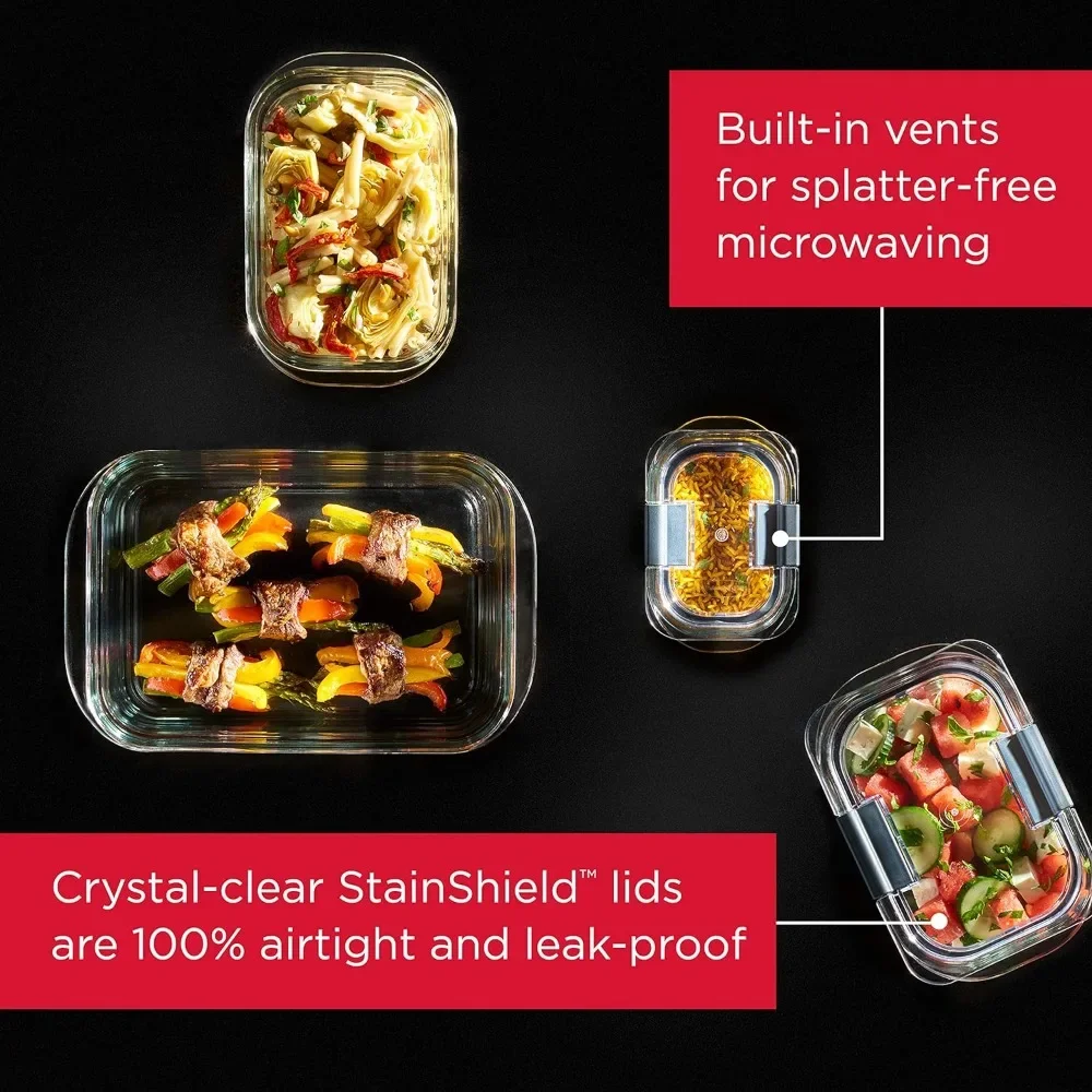 Glass Storage Food Containers with Lids (18 Pieces Total), Set of 9 (Varied Sizes), Clear, 9 Count