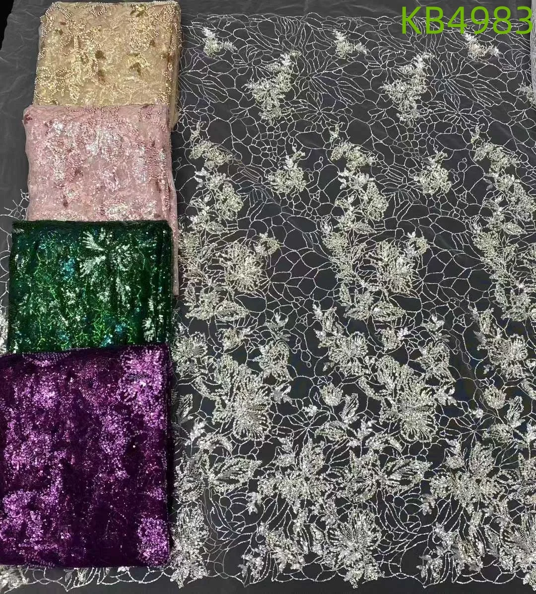 قماش دانتيل أفريقي 5 ياردات جودة عالية 2025 قماش أرجواني مع ترتر مطرز لفستان حفلات الزفاف خياطة الزفاف KB4983