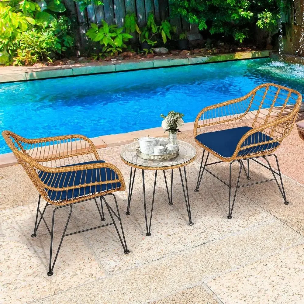 Compact Outdoor Bistro Set with Metal and Wicker, Durable Tempered Glass Top, Ideal for Patio, Balcony, or Poolside in Navy