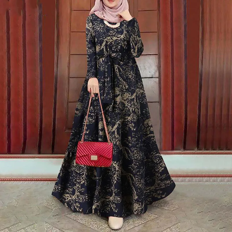 4XL 5XL Plus Size Dress Lady 2022 Fashion Muslim Autumn Vintage Print Sundress Turkish Robe Crew Neck Casual Women Party Dresses