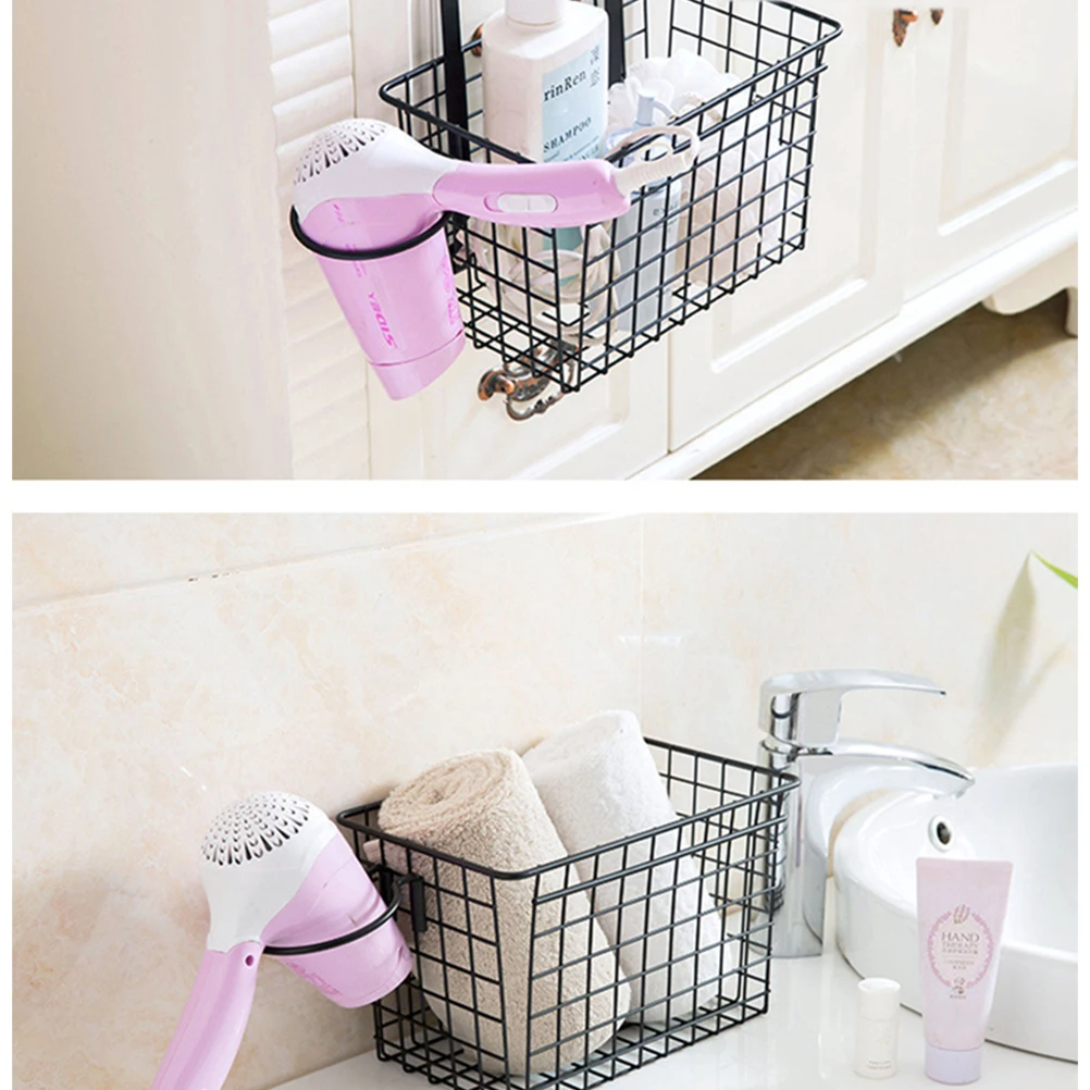 

Multifunctional Kitchen Storage Rack Hair Dryer Holder Black Cabinet Hanging Basket 2Hooks Iron