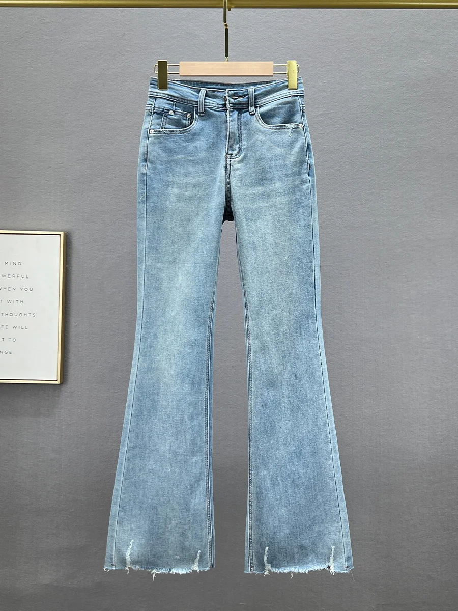 

Женские джинсы с высокой талией и широкими штанинами, весна-лето, эластичные, утягивающие, универсальные, удлиненные, из хлопкового стрейч-денима, фасон «клеш»