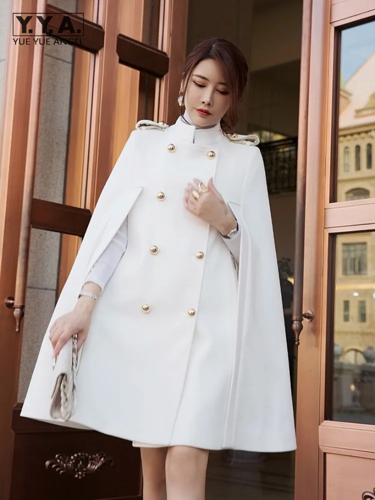 

New White Women Double Breasted Cape Woolen Blends Elegant Ladies Middle Long Stand Collar Cloak Outwear Coats Vintage Overcoat