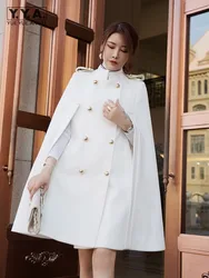 Neue weiße Frauen Zweireiher Cape Woll mischungen elegante Damen mittleren langen Stehkragen Umhang Outwear Mäntel Vintage Mantel