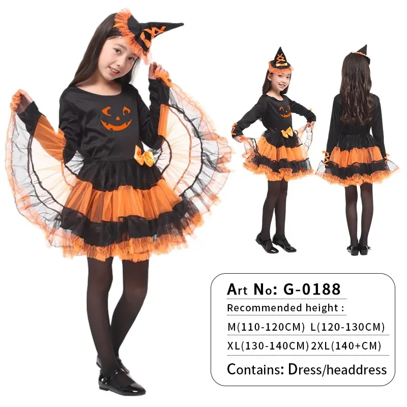 Carnival Witch Pumpkin Costume Girls Fancy Dress Luxury Pupple Wizard Clothes Long Dress for Children Party Show