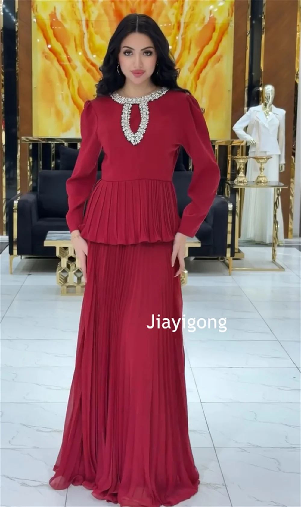 Personalizado formal chiffon plissado lantejoulas padrão a linha o-pescoço vestidos longos sob medida ocasião requintado brilho