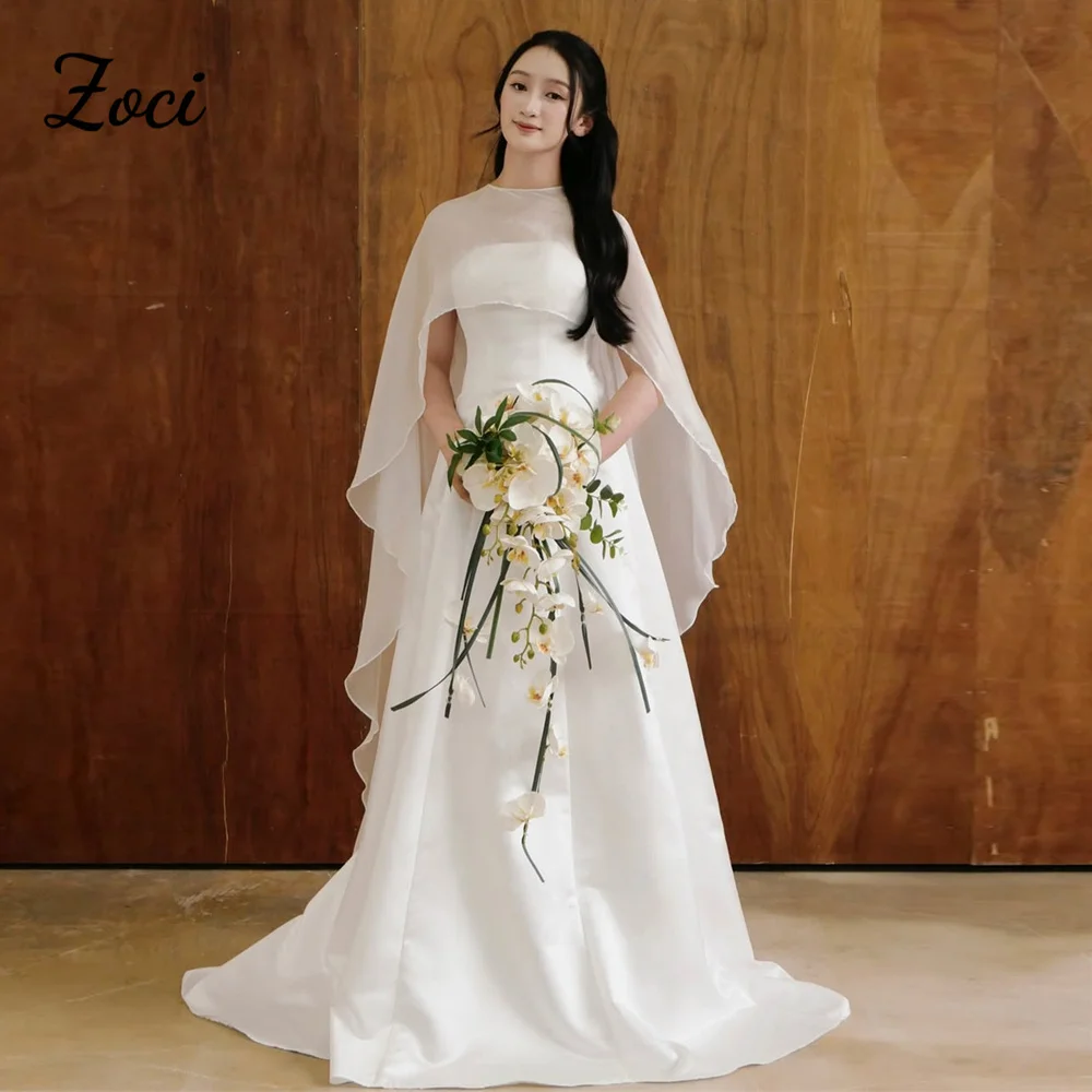 

Zoci 2 In 1 Strapless Satin A Line Korea Wedding Dresses Cape Sleeves Bride Wedding Photos Shoot Dress Customized Reception Gown