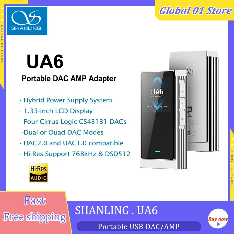 SHANLING UA6 CS43131*4 USB C DAC HIFI Portable Headphone Amplifer with 220mAh Battery DACs Hi-Res Audio DSD 512 3.5mm 4.4mm Bal