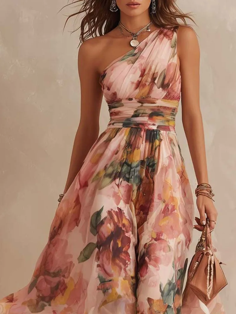 Retro bedrucktes, schulterfreies, ärmelloses A-Linien-Kleid mit Taillenbund für tägliche Partys, Geburtstage, sexy, elegantes langes Damenkleid – Detail 10