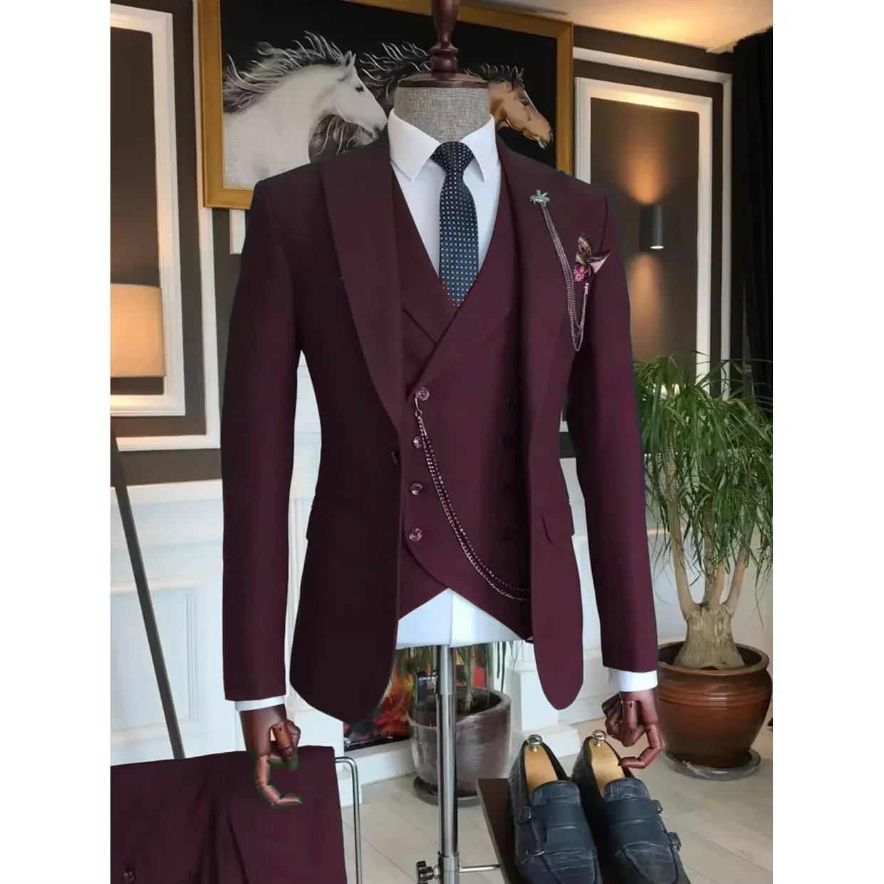 Blazer de luxo masculino ternos azul marinho único breasted xale lapela fino ajuste negócios casual jaqueta de casamento calças colete três peças