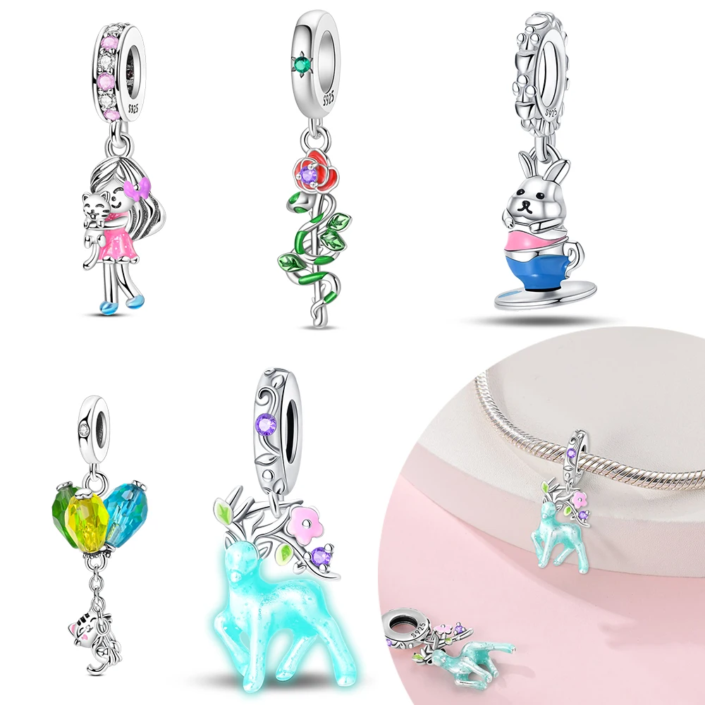 Plated 925 Silver Youth Fairy Tale Alice Rabbit Charms Fit Original 925 Charms Bracelet Beads Jewelry Gifts for Women