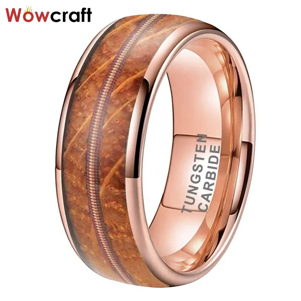 Whisky Barrel Wood Guitar String Inlay Rose Gold Tungsten Ring Men Women Fashion Engagement Wedding Band